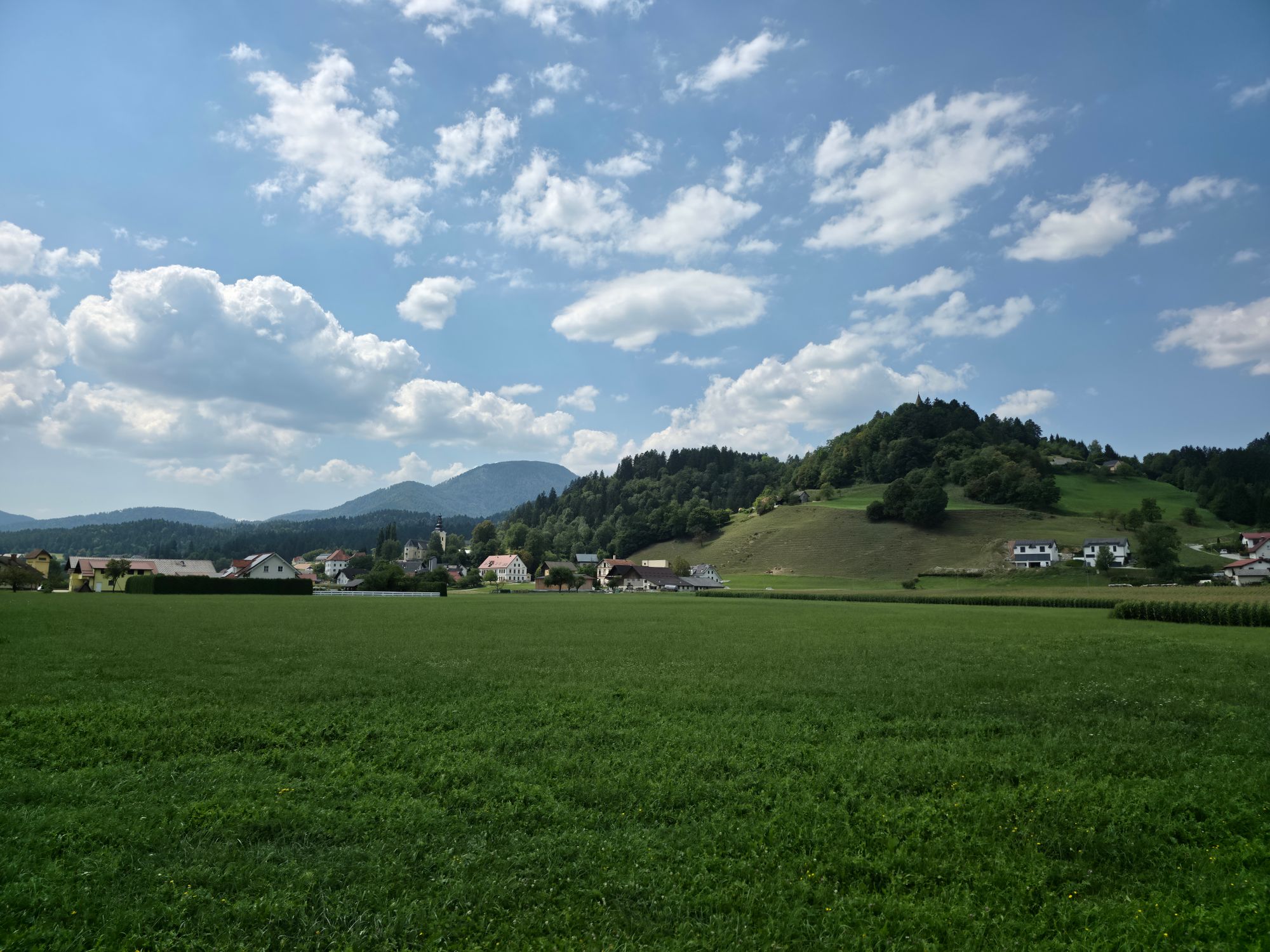 Zelena gričevnata pokrajina z vasjo